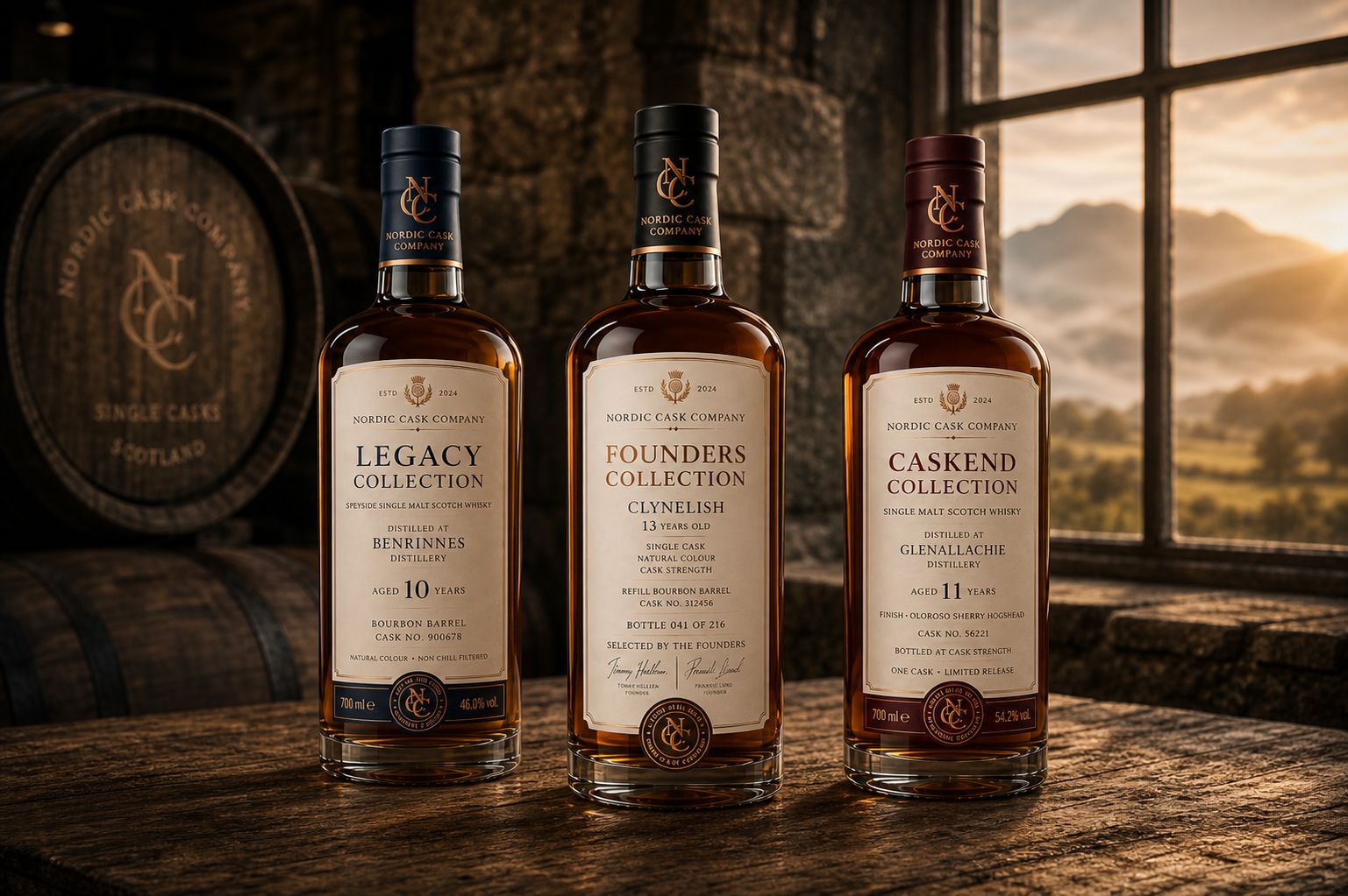 Legacy, Founders og CaskEnd Collection i et stemningsfuldt fadlager